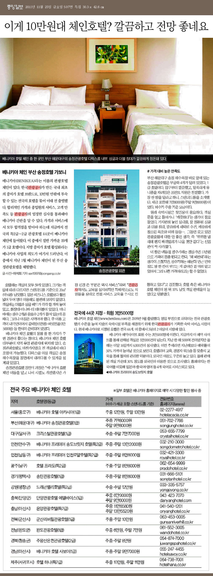[중앙일보] 베니키아 체인 송정호텔